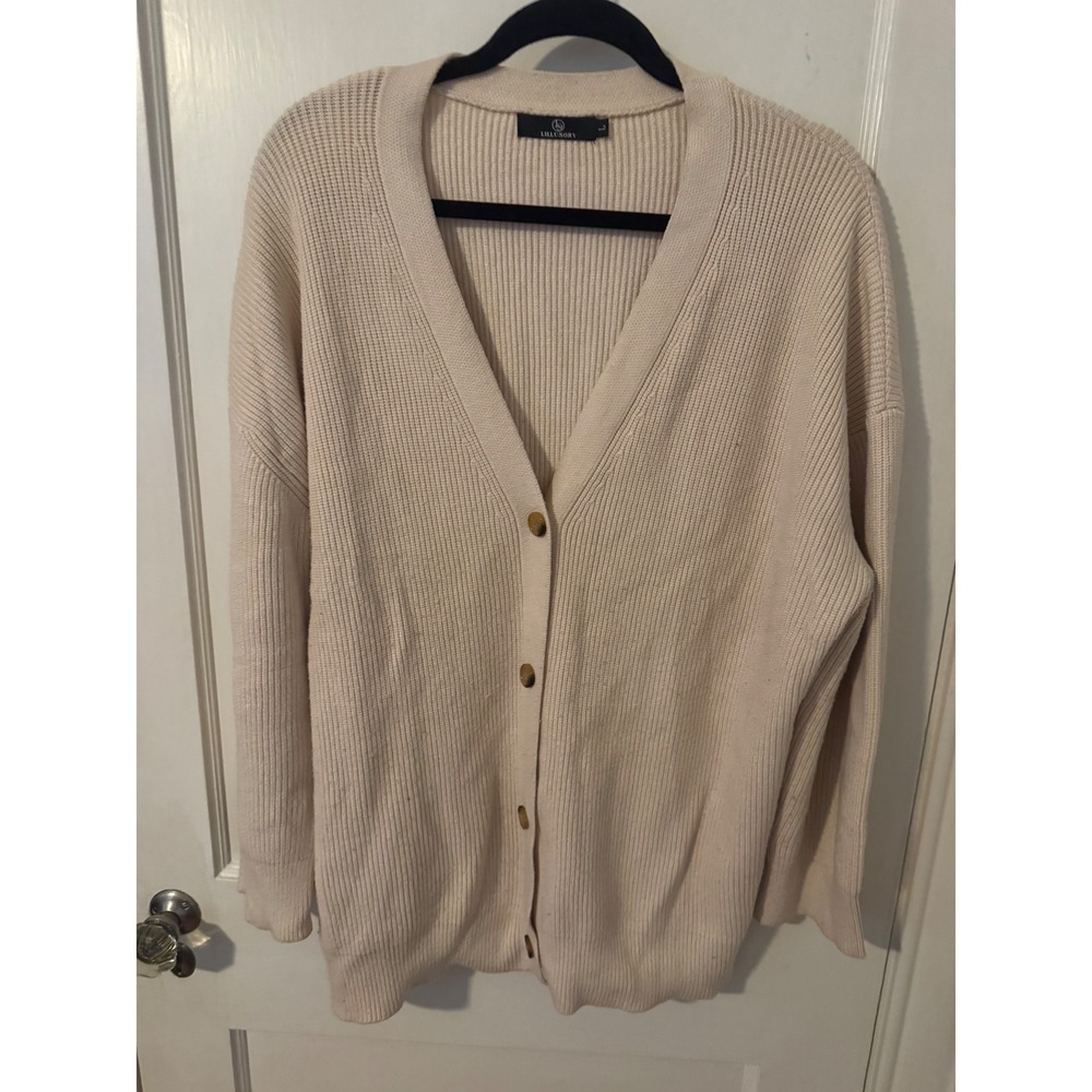 LILLUSORY Cream Ribbed Knit Oversized Cardigan Sweater V-Neck Button Front Large